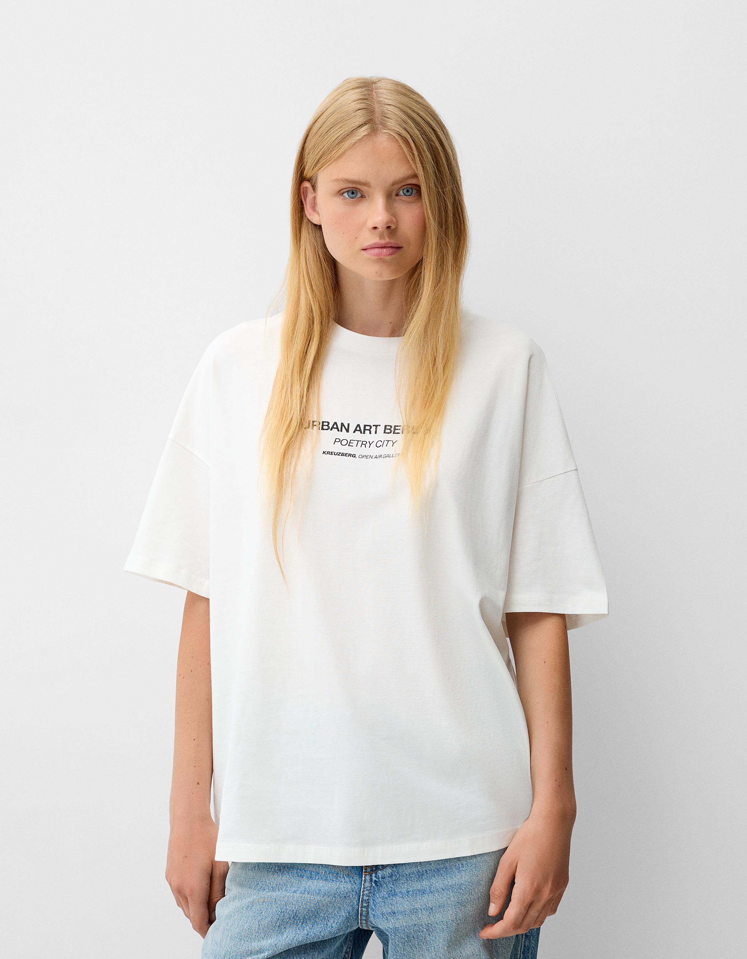 Bershka T-Shirt Mit Print Damen Xs Weiss