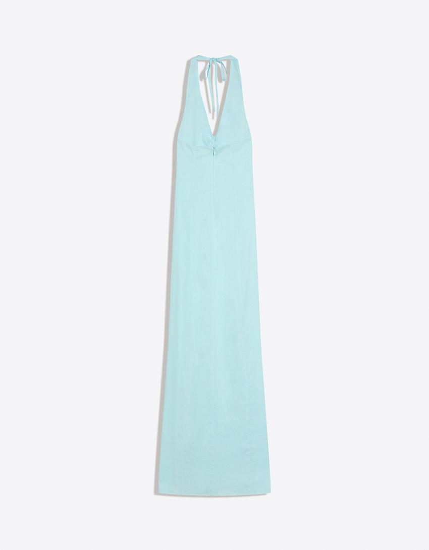 Halter midi dress with linen-Turquoise