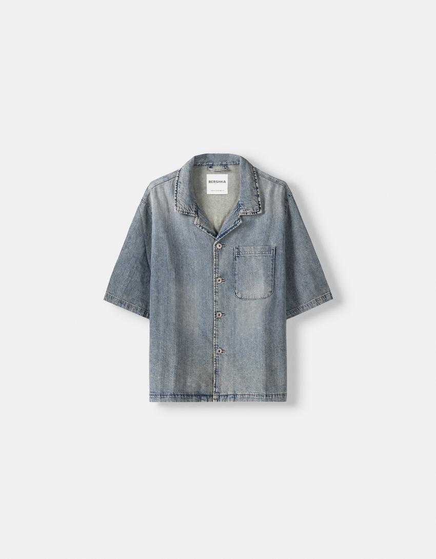 Camisa denim manga curta cropped-Azul lavado-4