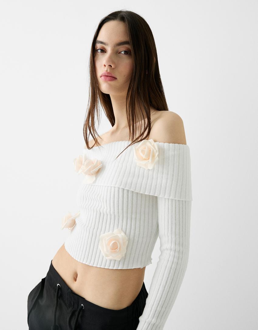 Ribbed long sleeve Bardot T-shirt-Cream-2