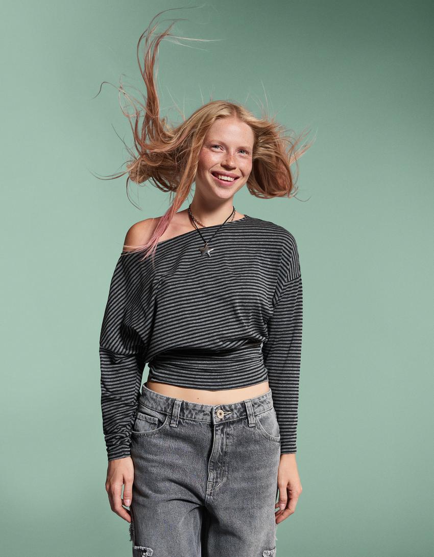Striped long sleeve T-shirt with sash-Dark grey