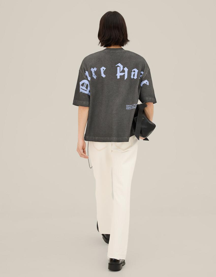 Kısa kollu gofre baskılı tişört-Koyu gri