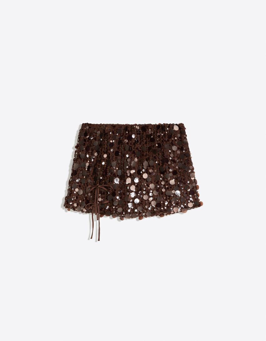 Sequinned mini skirt-Brown