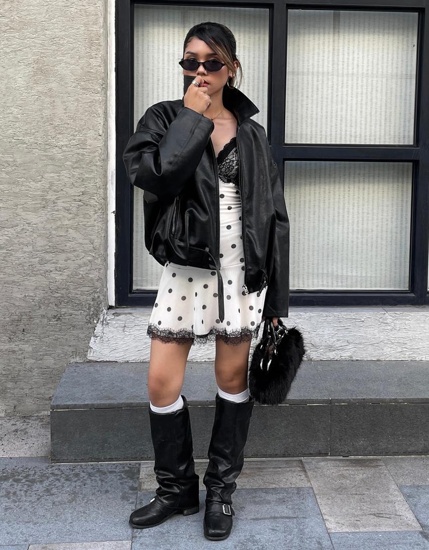 Tül ve dantel baskılı askılı mini elbise-Krem