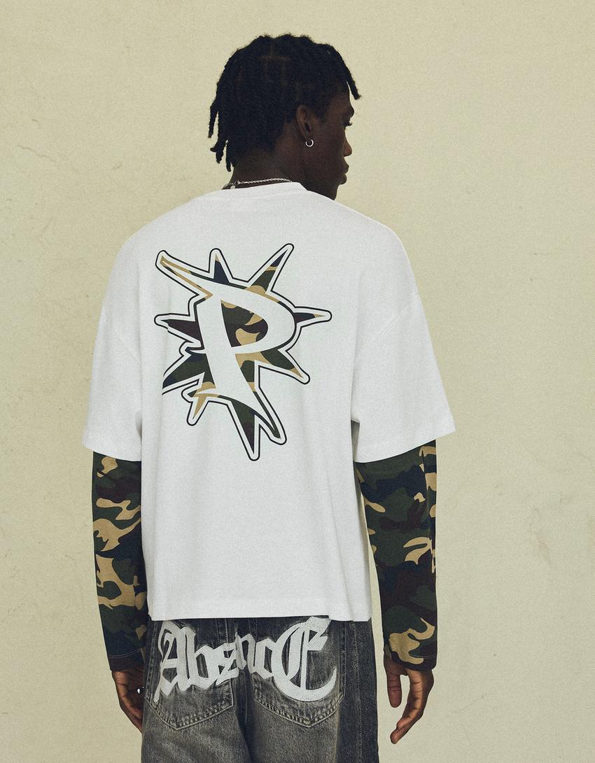 Double sleeve print T-shirt-Off white