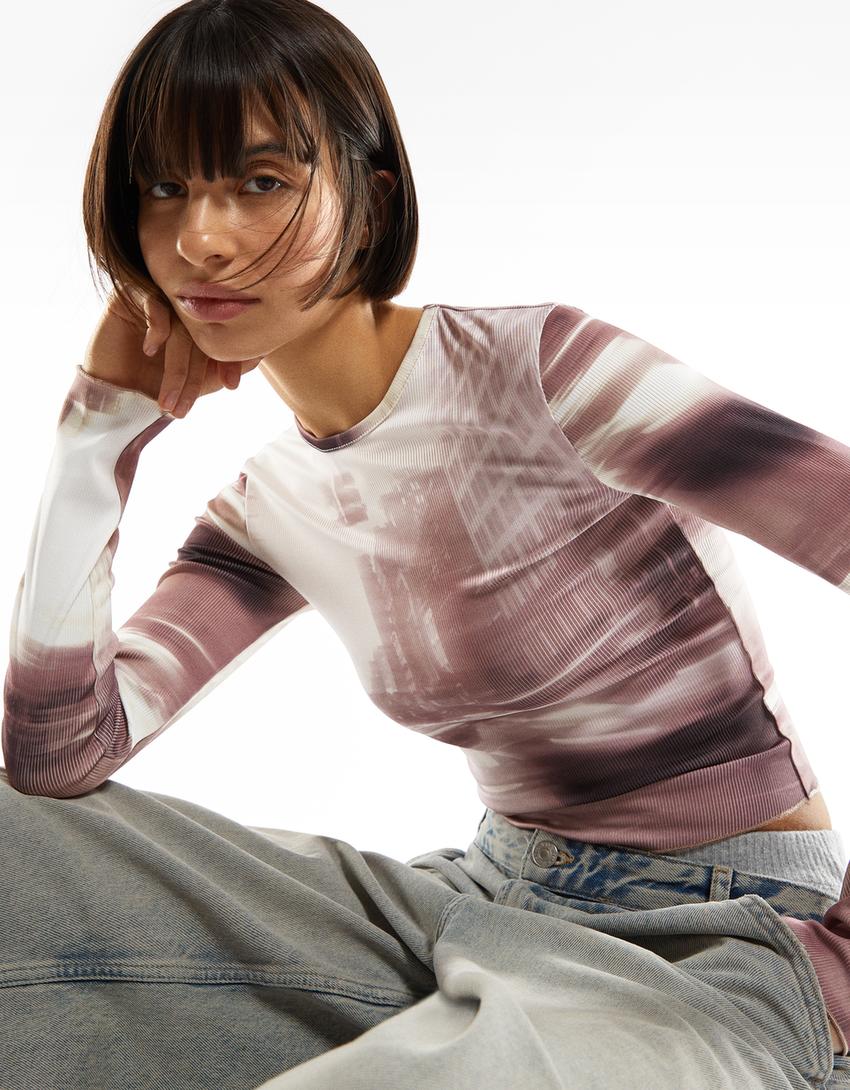 Uzun kollu desenli fitilli t-shirt-Krem-3