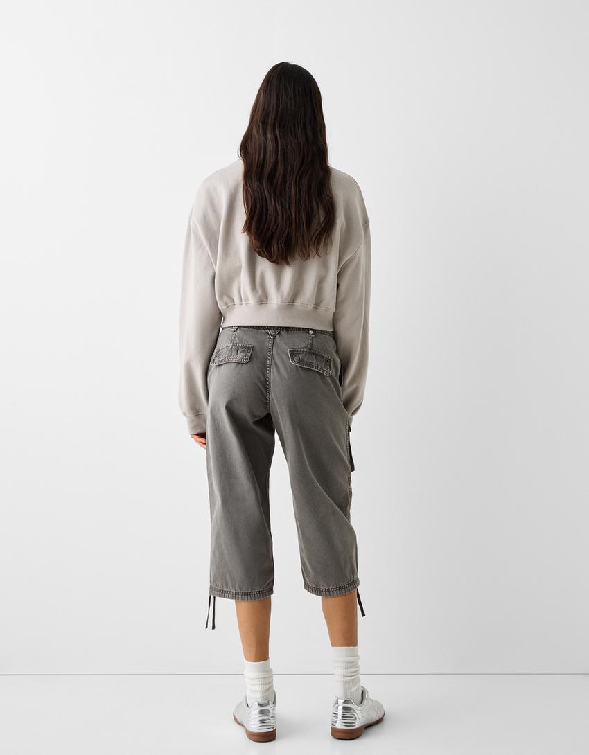 بنطال كابري كارغو قطني-رمادي داكن-2