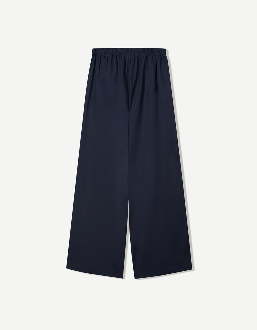 Linnenmix broek met elastische tailleband-Marineblau-4