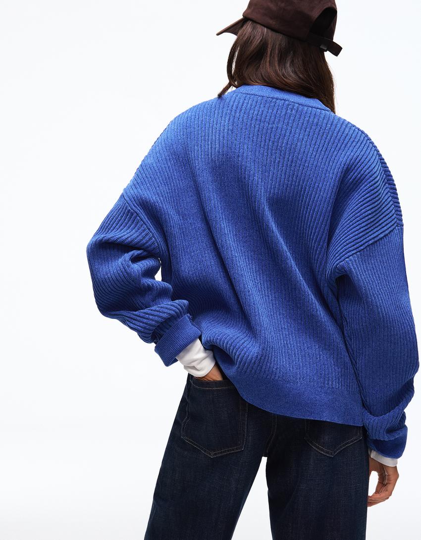 Baskılı şönil bisiklet yaka kazak-Mavi