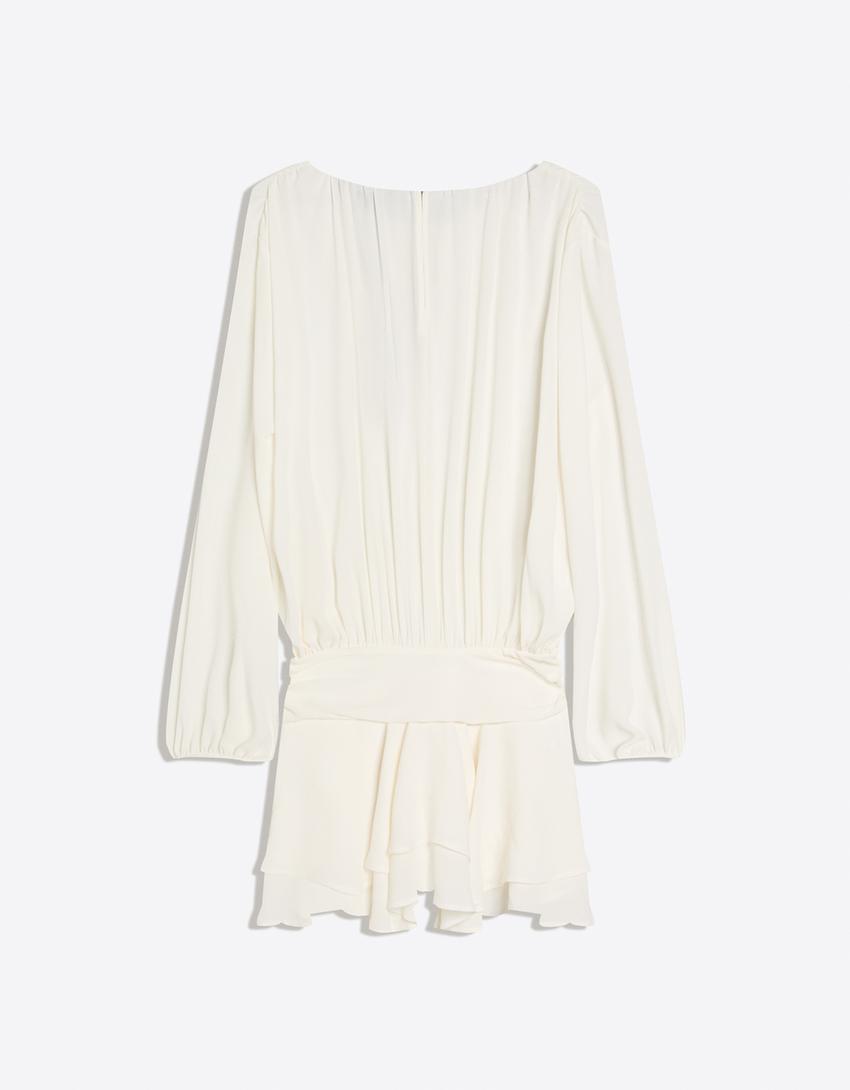 Vestido mini fajín falda vuelo-Beige