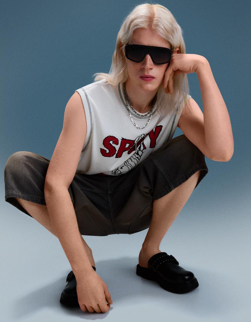 Sleeveless slub effect printed T-shirt-Off white-3
