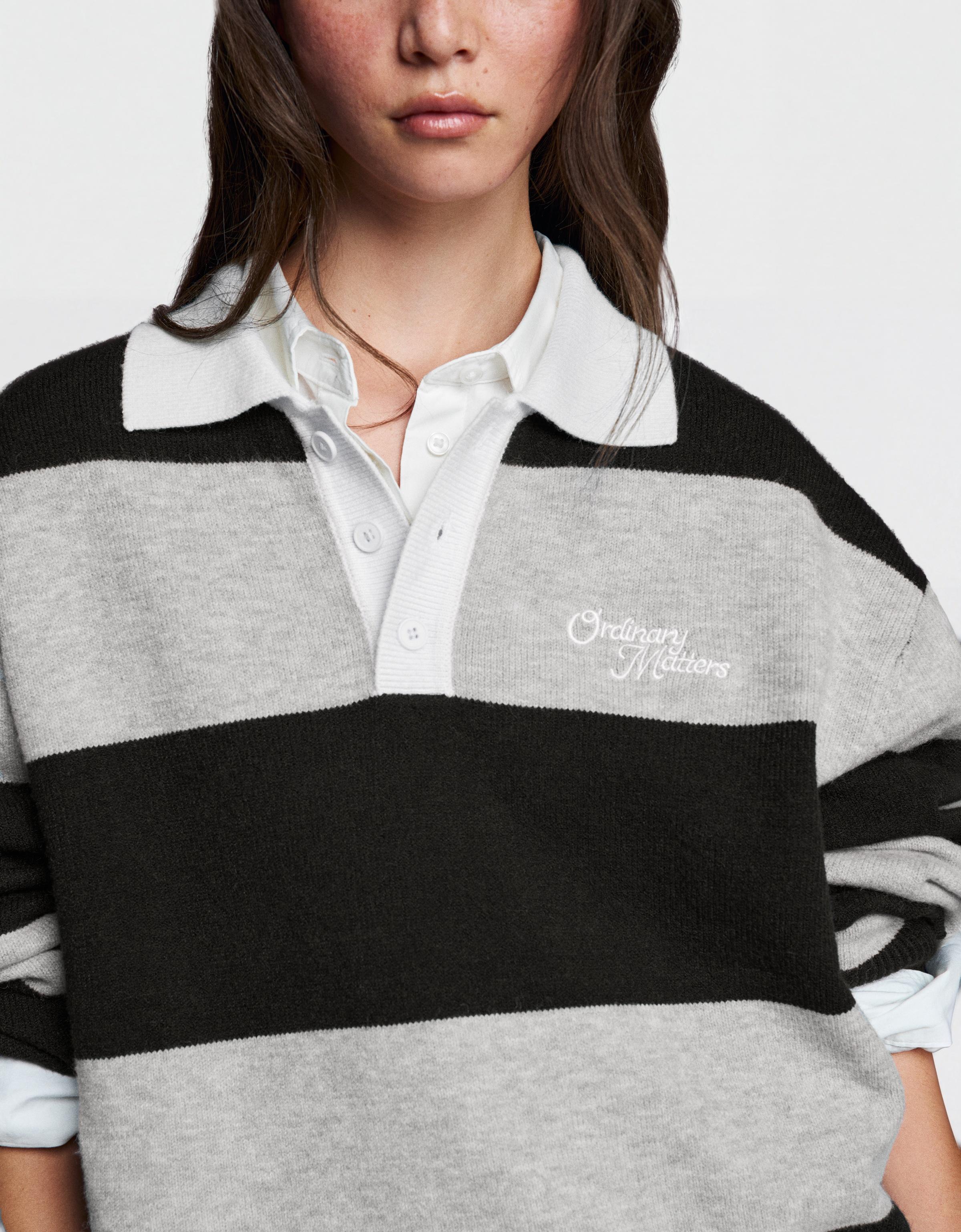 Contrast stripe polo collar jumper — Navy