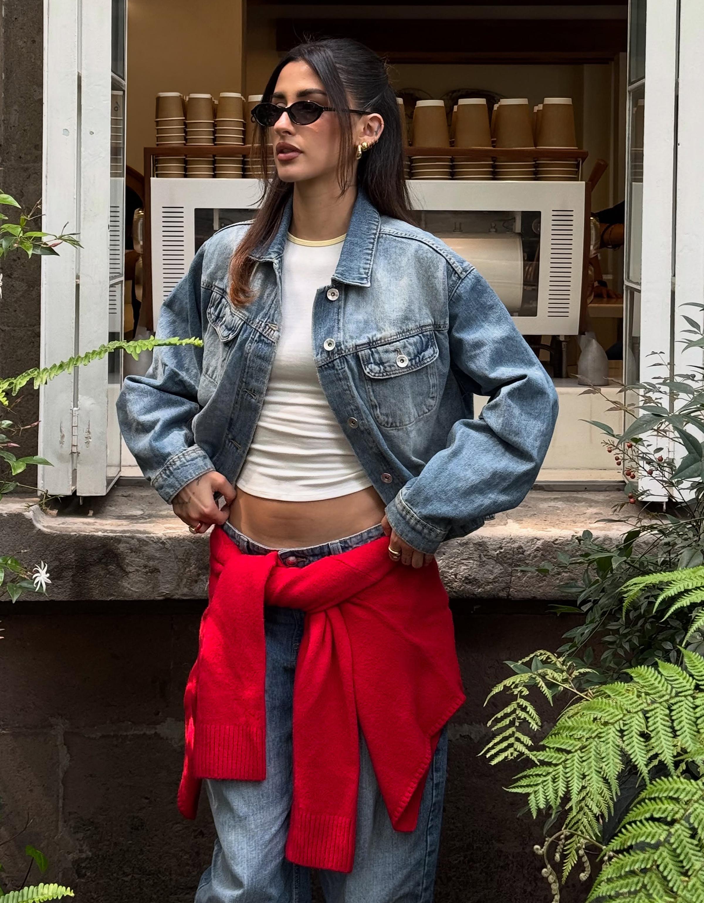 Cropped balloon denim jacket