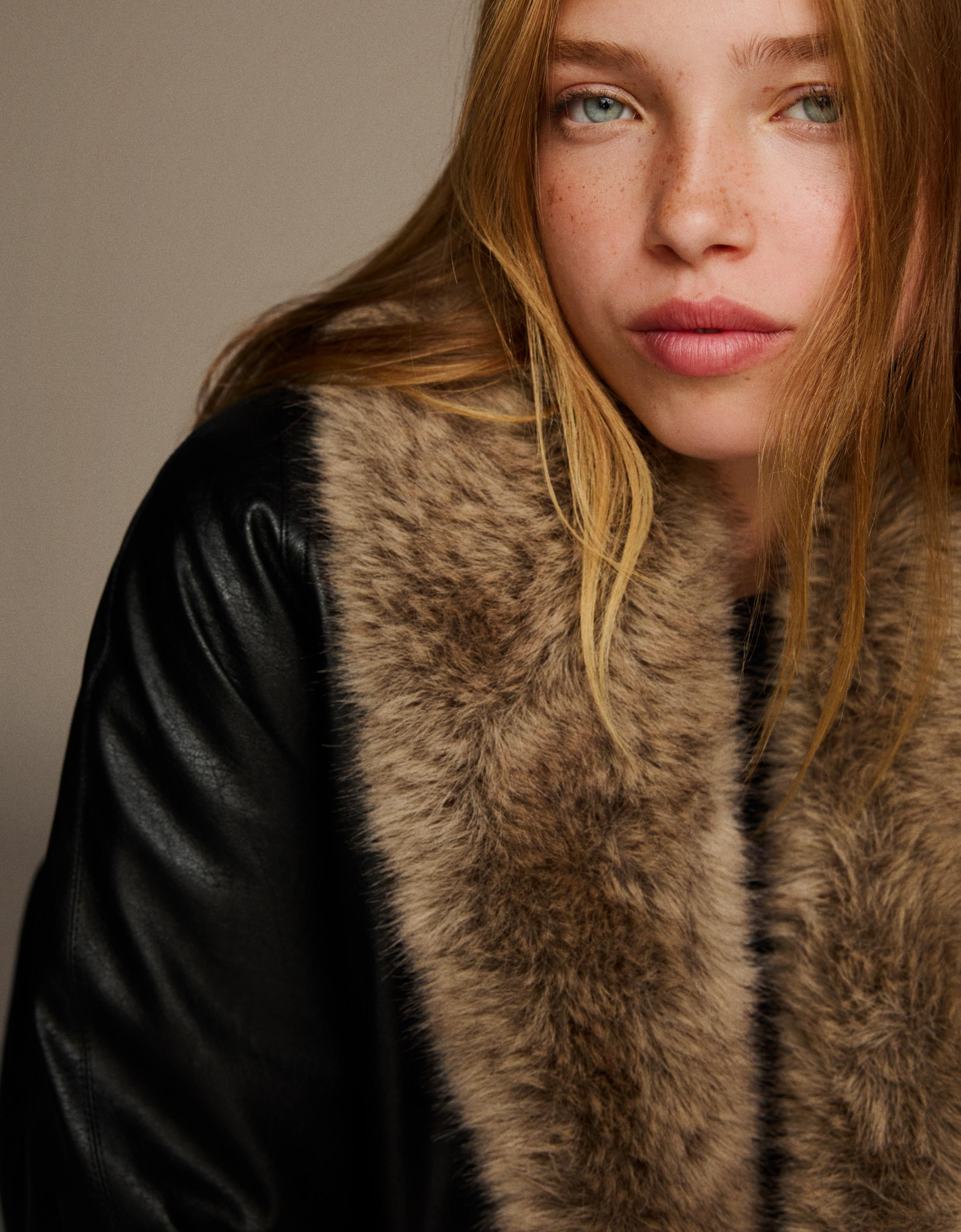Bershka Kunstlederjacke Mit Kunstfellkragen Damen L Schwarz