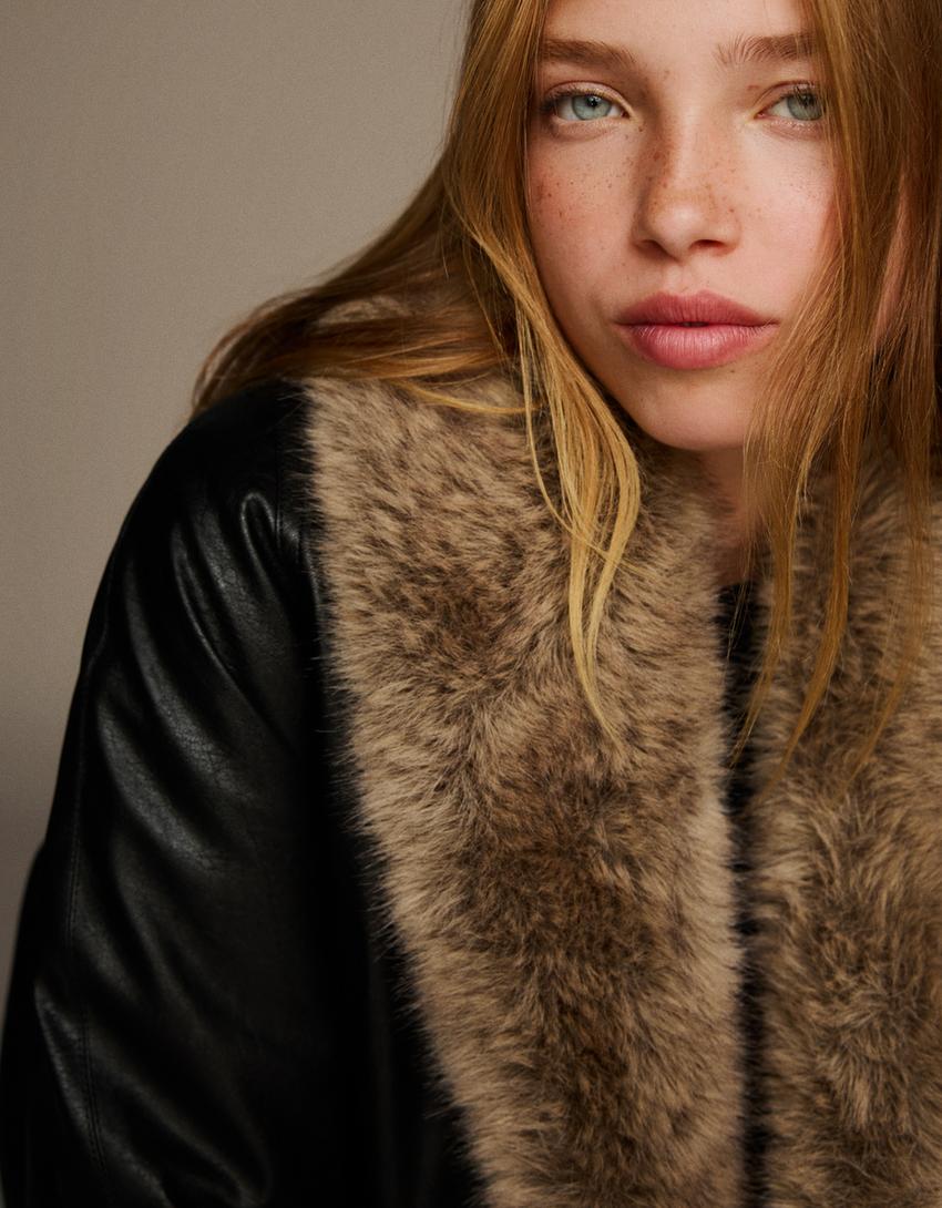 Faux leather jacket with faux fur collar-Black