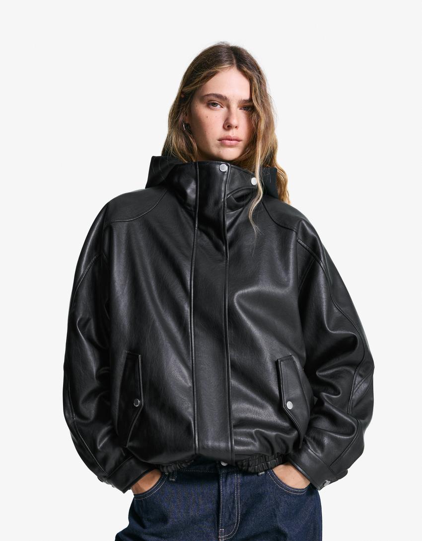 Oversize faux leather jacket-Black-0