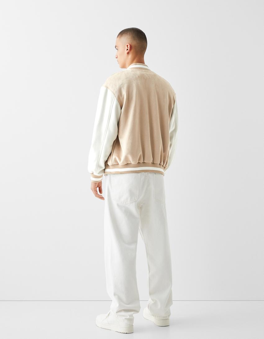 Faux suede embroidered bomber jacket-Camel