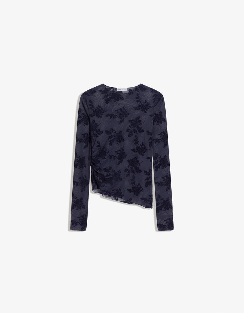 Asymmetrisch T-shirt met tule en lange mouw-Marineblau