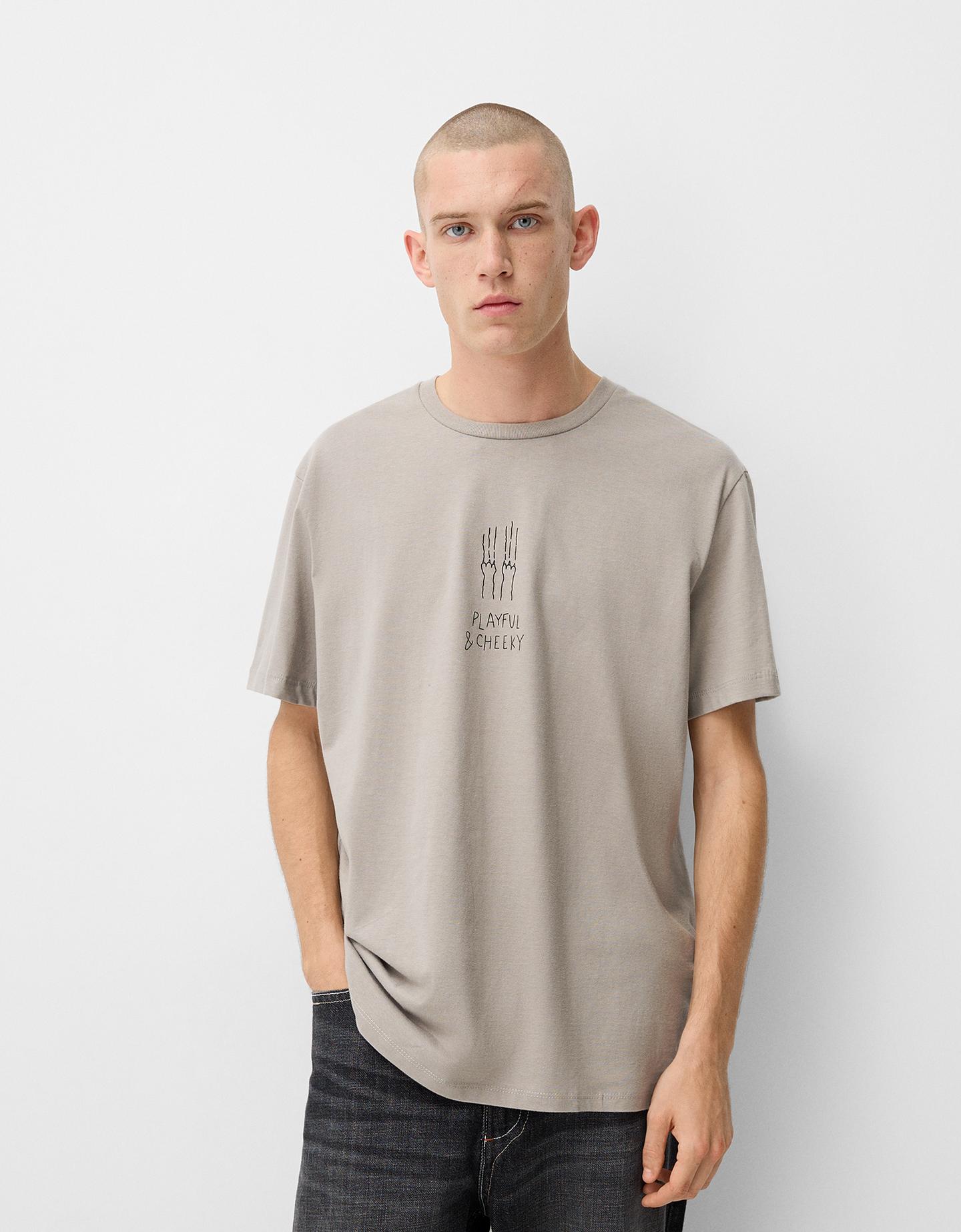 Bershka Camiseta Manga Corta Easy Fit Print Hombre Xs Piedra