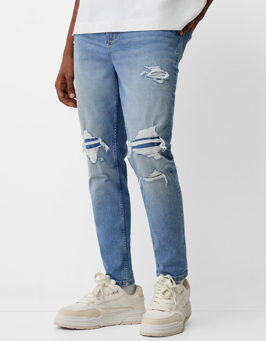 Jeans carrot fit déchiré-Bleu lavé-2