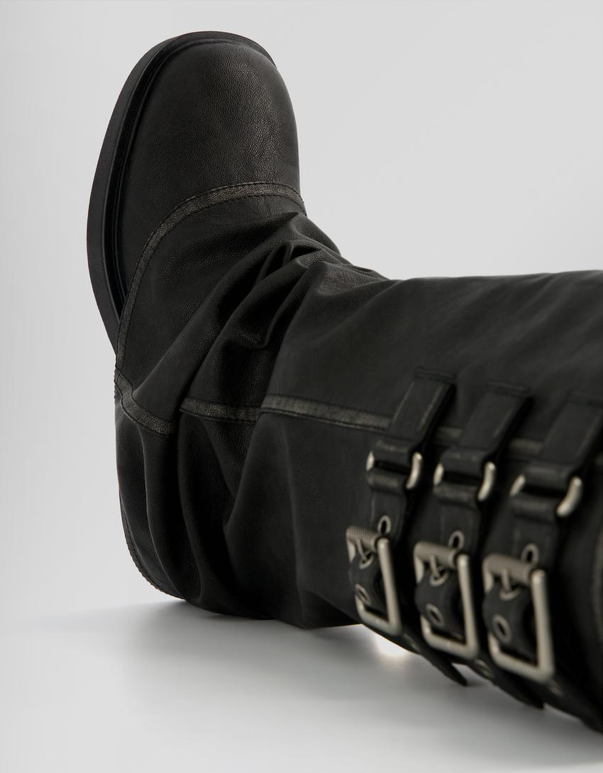 Flat slouchy biker boots with buckles-BLACK