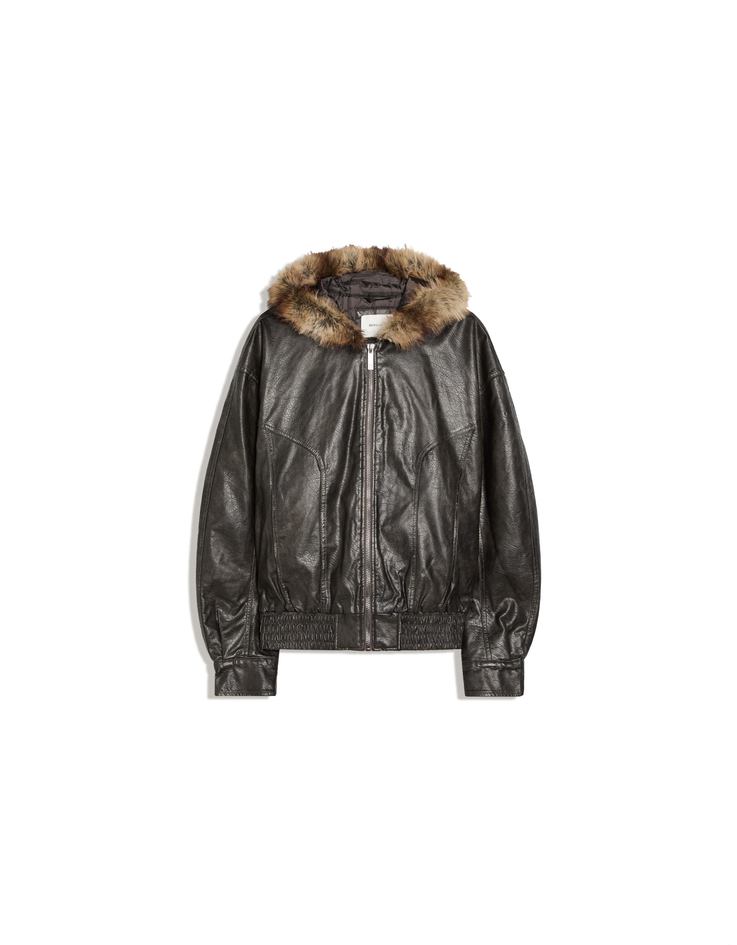 Leather effect jacket with faux fur hood — Brown