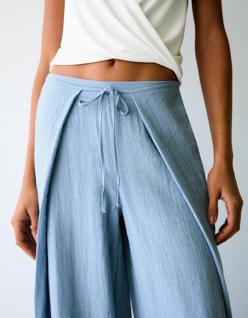 Pantalon wide leg rustique à plis-Bleu lavé