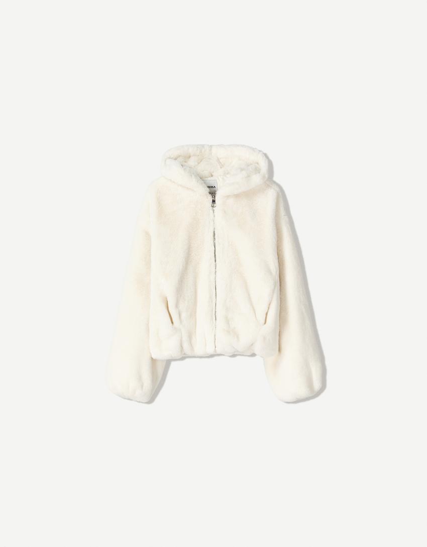 Cazadora capucha efecto pelo-Blanco roto