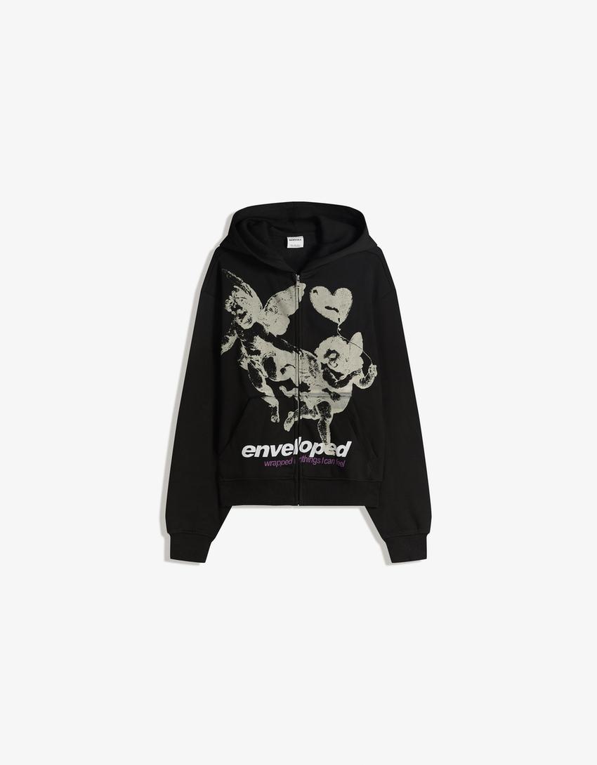 Zip-up print hoodie-Black