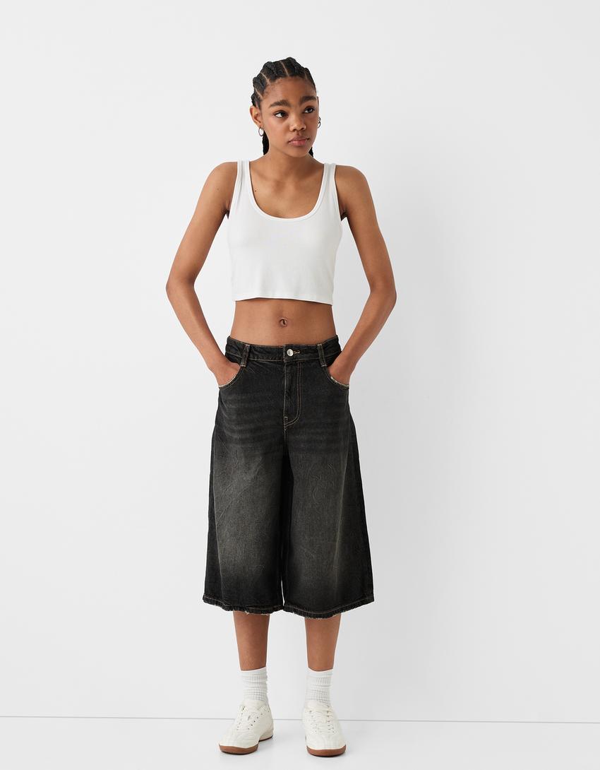 Baggy denim Bermuda shorts-Black-3