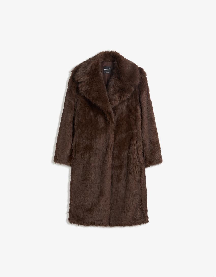 Manteau long fausse fourrure-Marron