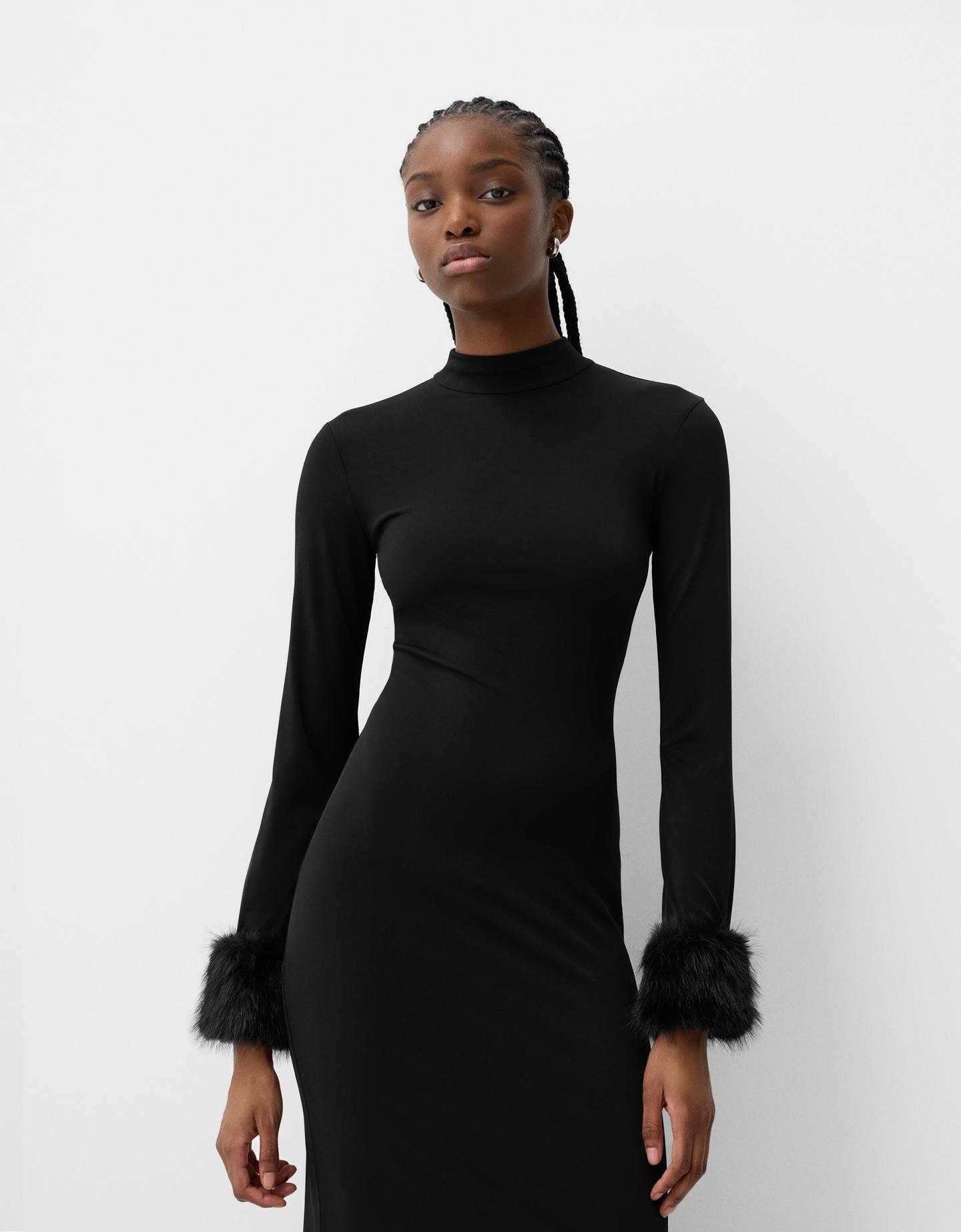 Bershka Vestido Midi Manga Larga Puño Pelo Mujer S Negro