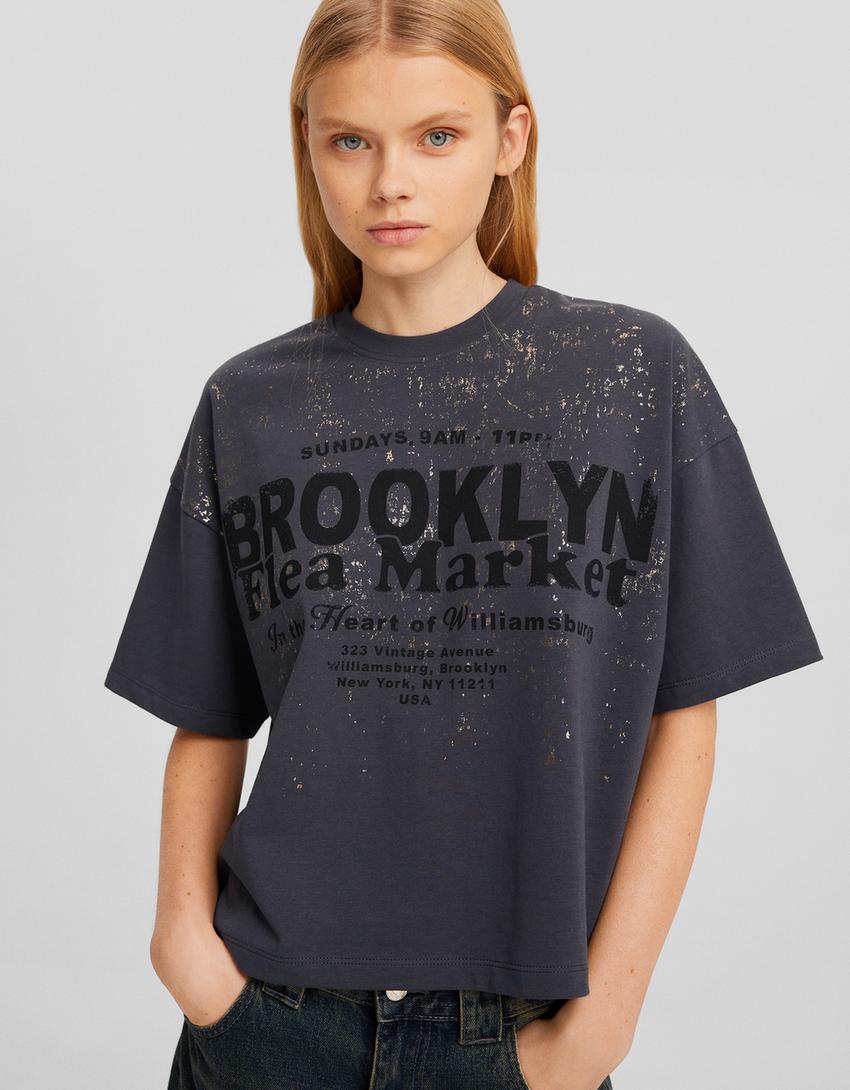 Short sleeve oversize T-shirt with metallic print-Dark grey-2