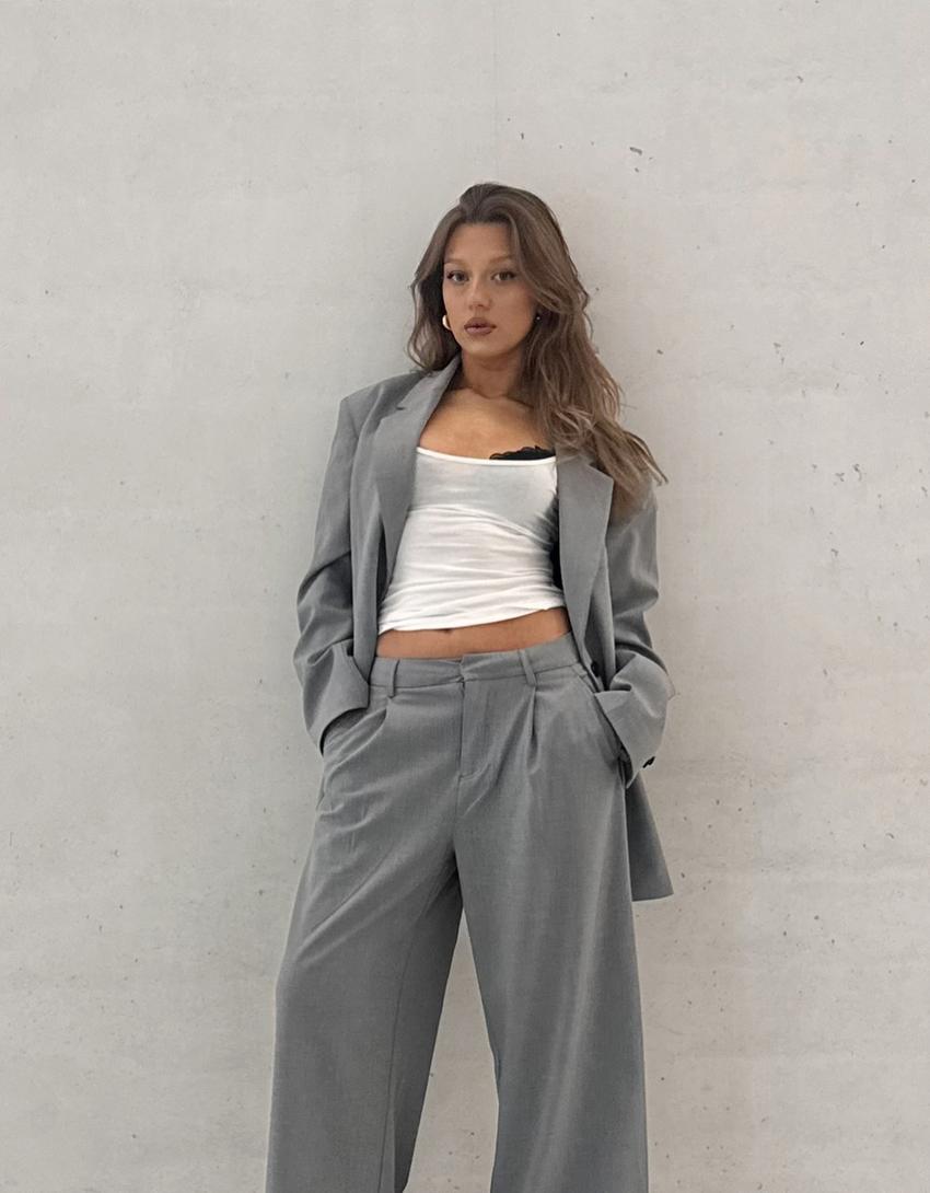 Pantalón volumen doble tela-Gris