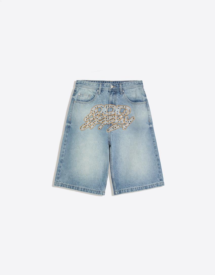 Embroidered denim Bermuda shorts-Light blue