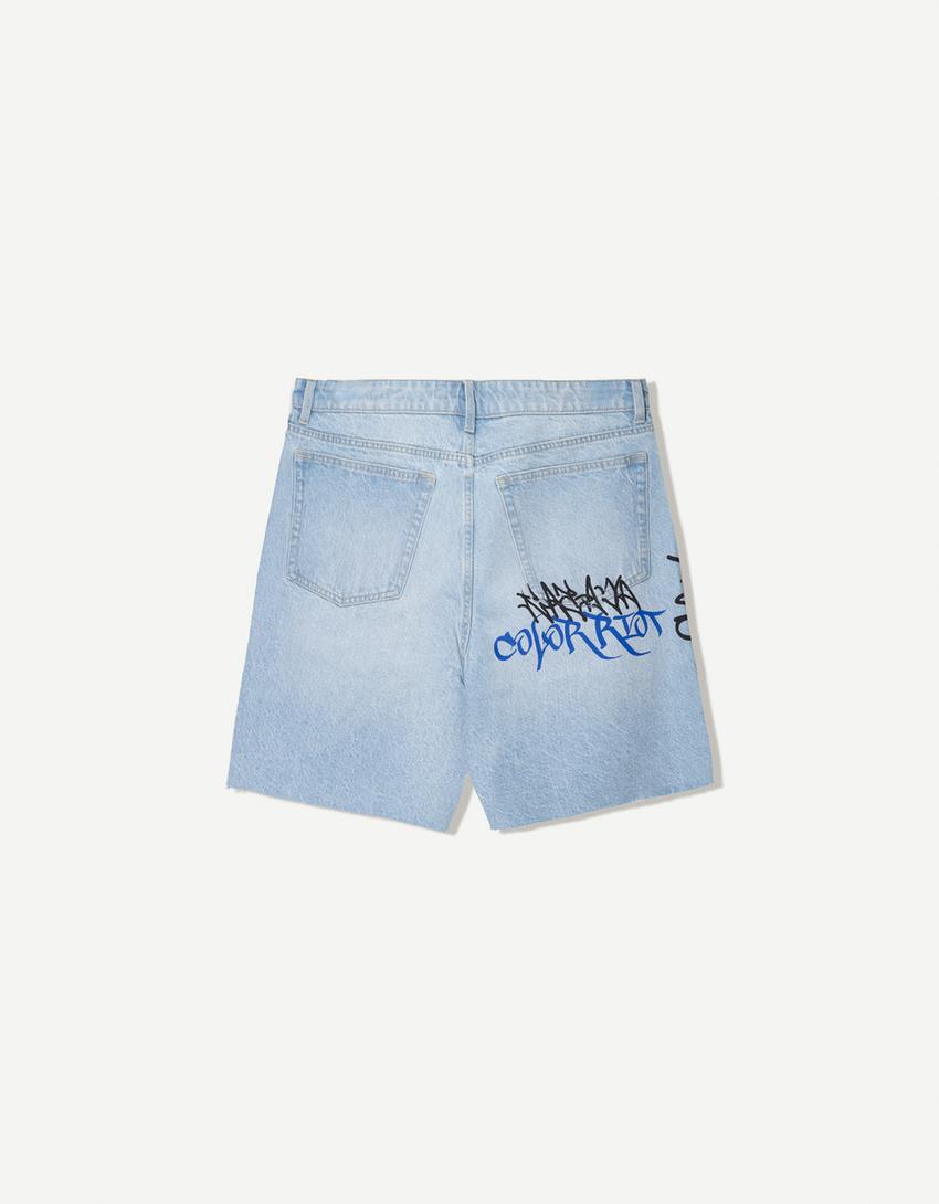 Printed denim Bermuda shorts-Light blue
