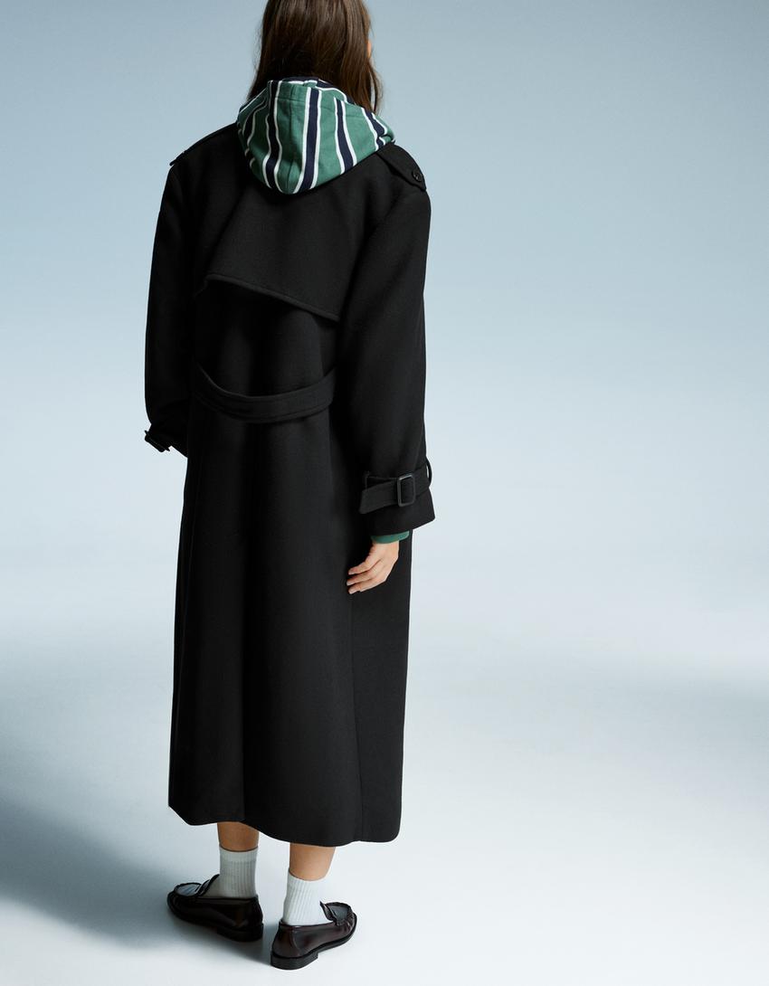 Oversize felt texture trench coat-Preto
