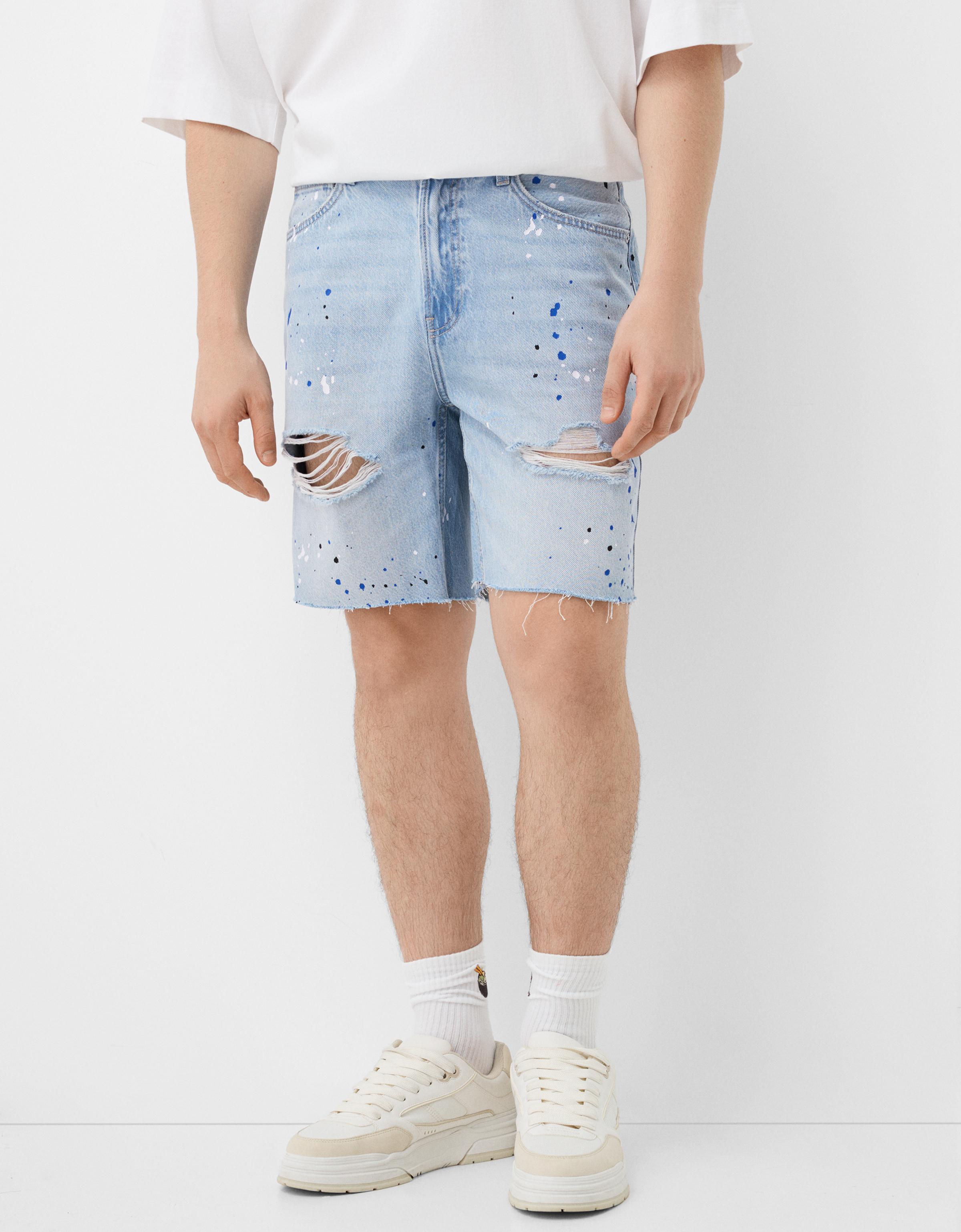 Bershka Jeans-Bermudas Mit Farbklecksen Herren 38 Hellblau