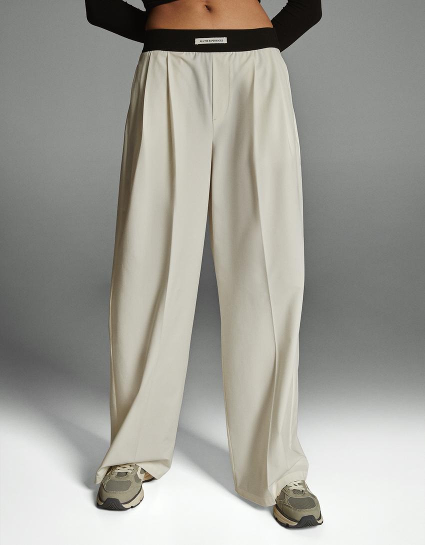 Wide-leg tailored fit trousers with elastic waist-Cream-1