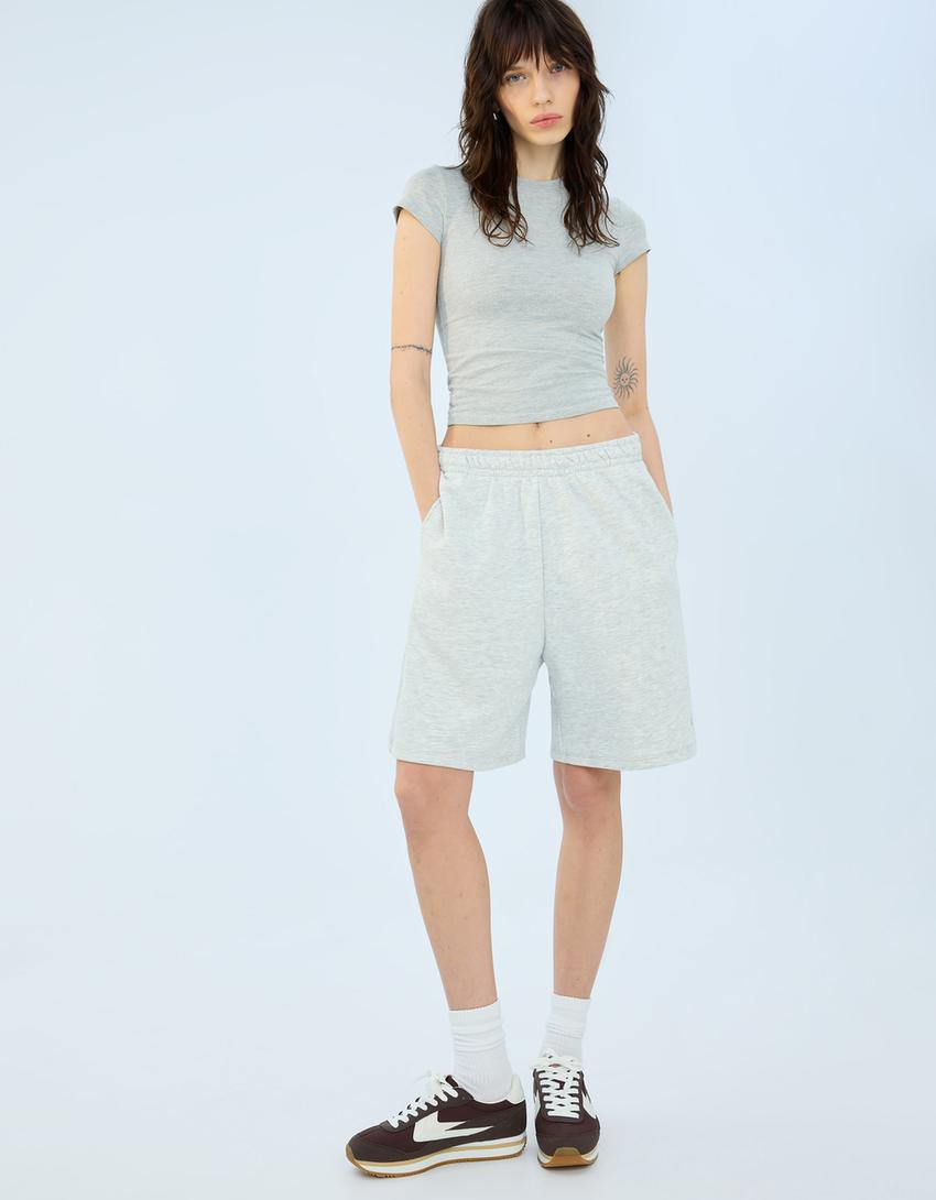 Plush Bermuda shorts with embroidery-Grey