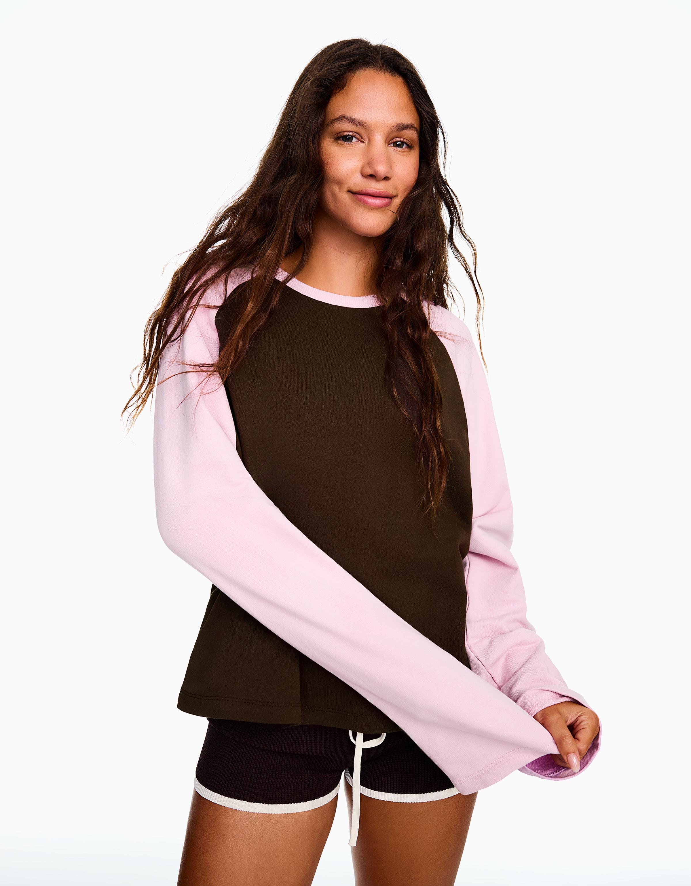 Bershka Camiseta Manga Larga Ranglan Mujer Marrón