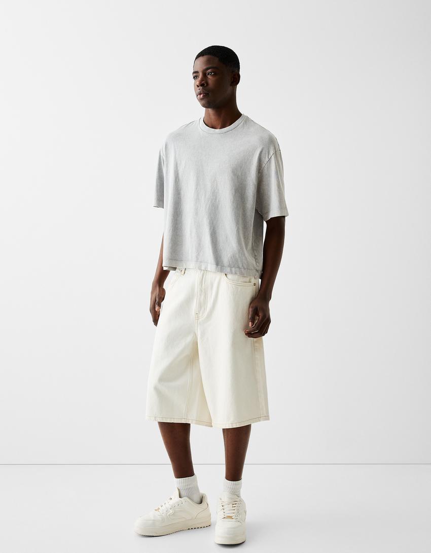 T-shirt manga curta boxy fit cropped efeito lavado-Cinza-3