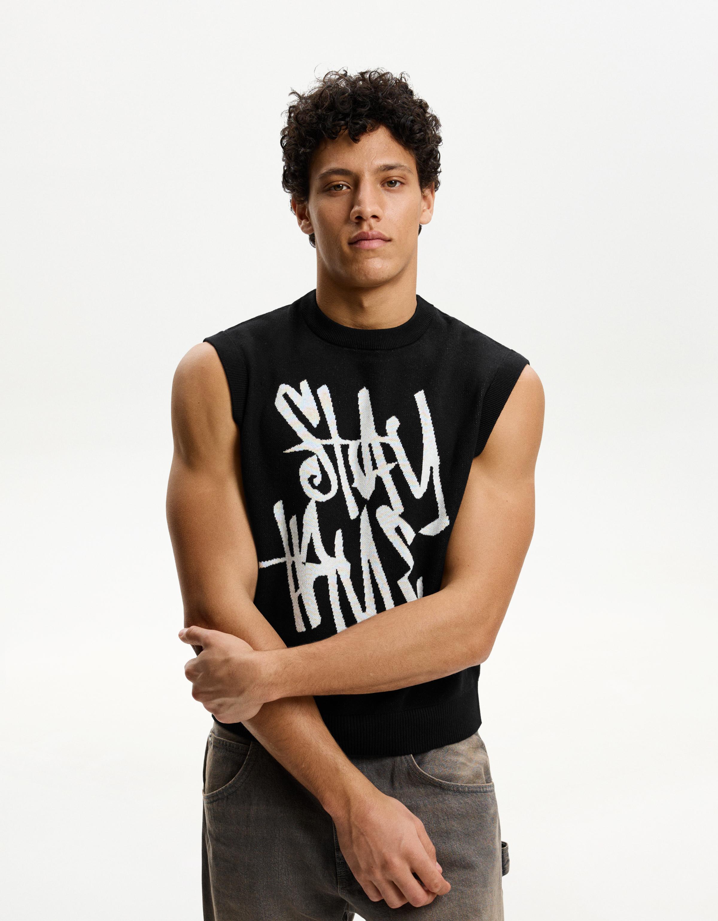 Bershka Weste Mit Print Herren L Schwarz