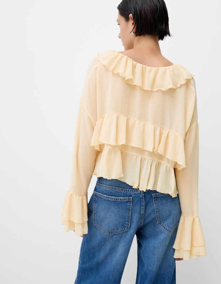 قميص شيفون بكشكش وتفصيل ربطة أمامية-زهري-2