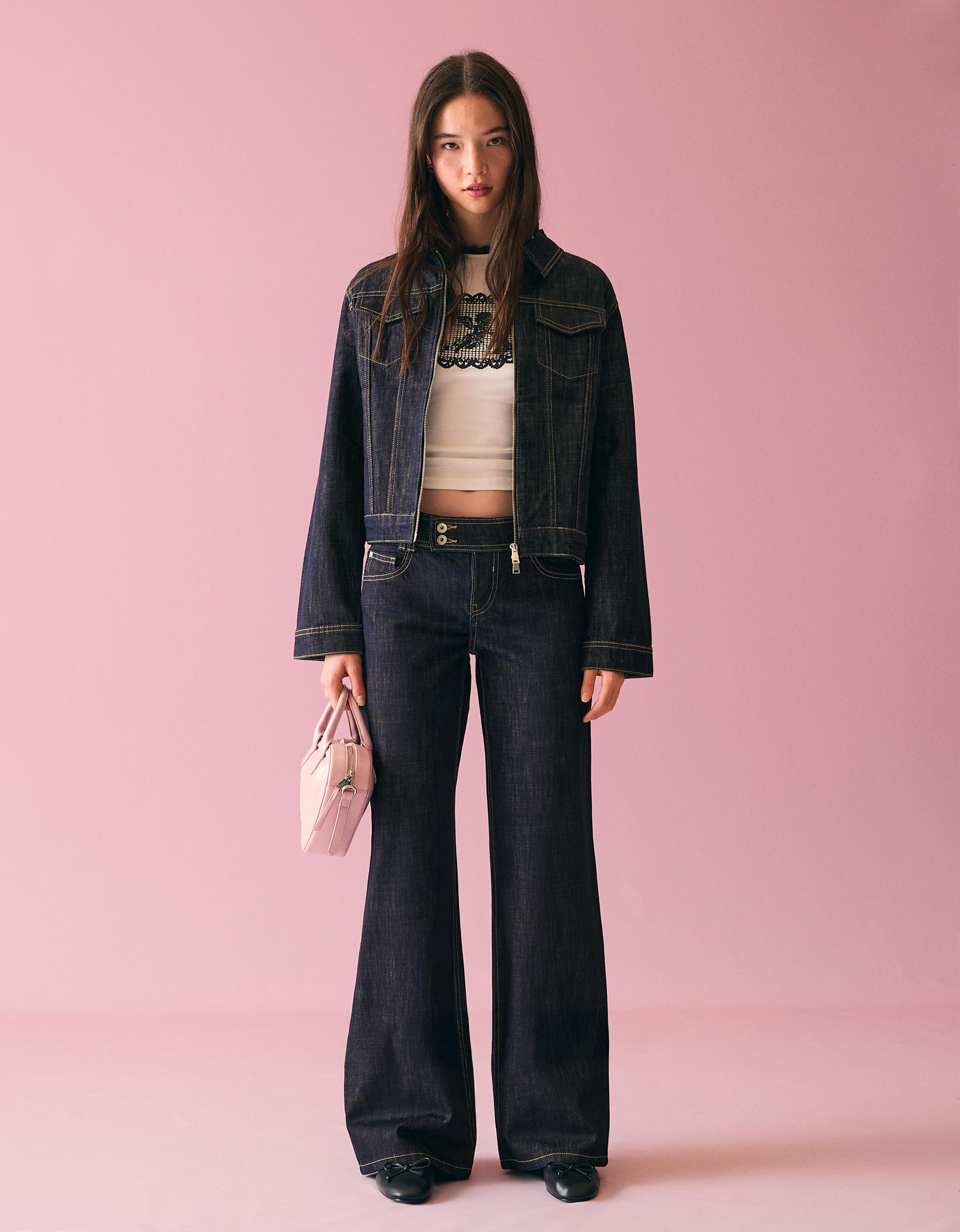 Bershka Bedruckte Baggy Jeans Damen 40 Marinenblau