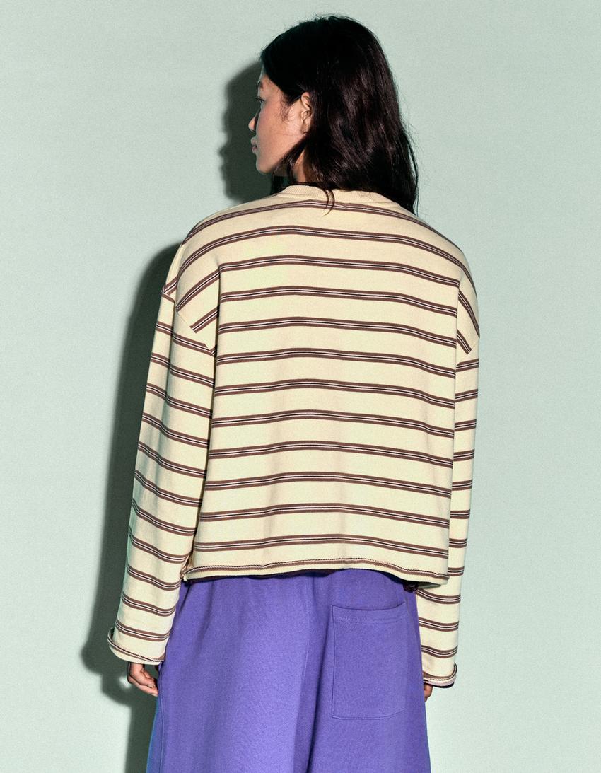 Striped round neck sweatshirt-Yellow