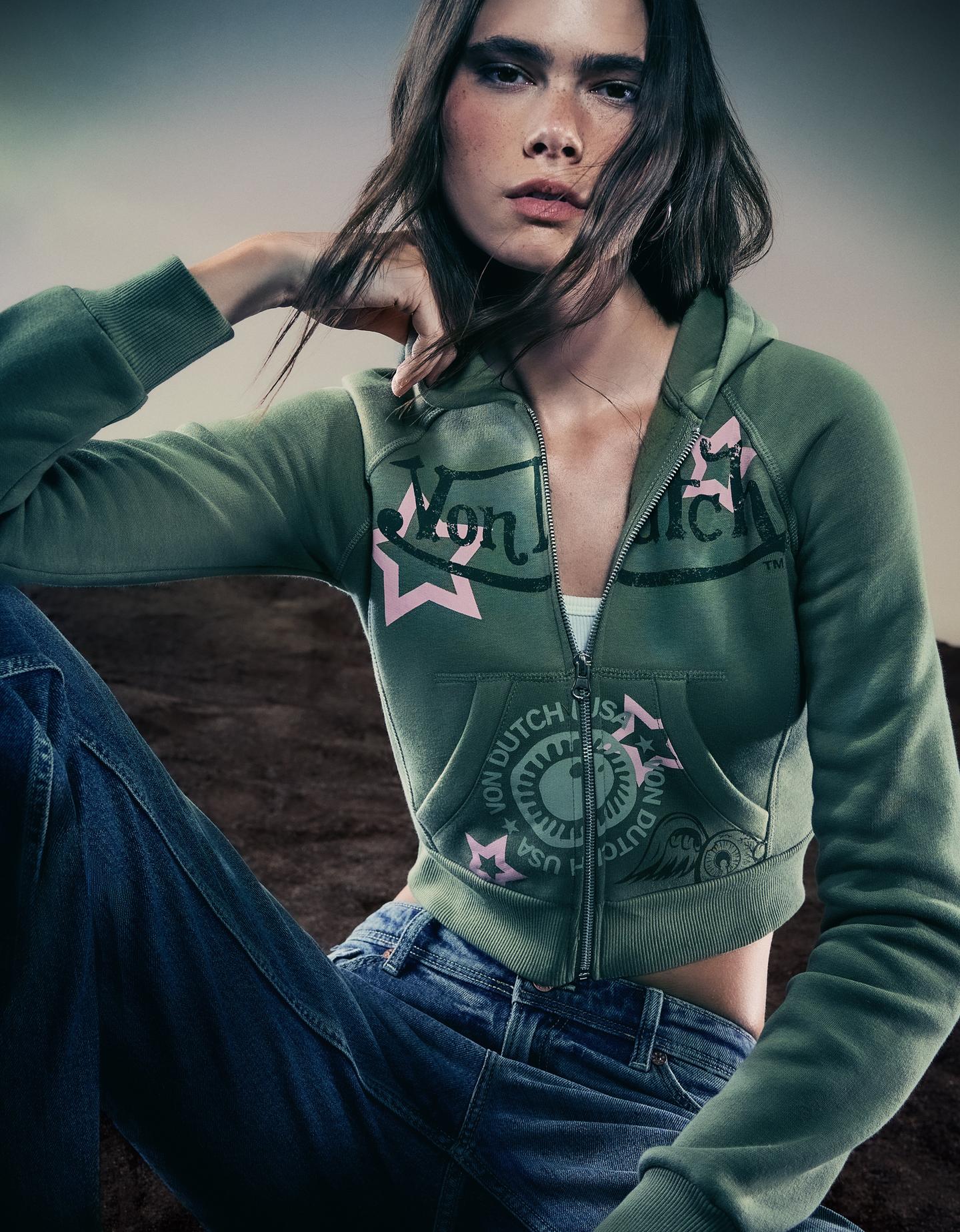 Bershka bluza von dutch z suwakiem i nadrukiem khaki