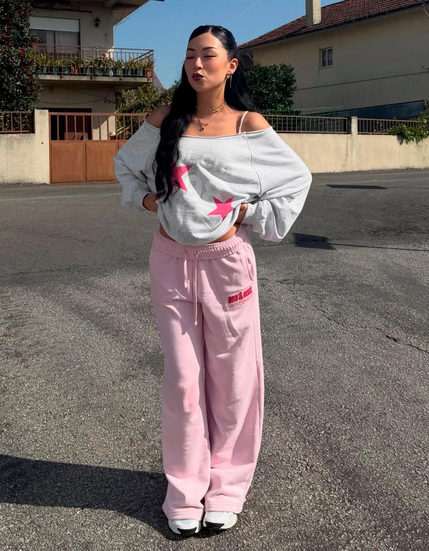 Pantalon wide leg molletonné imprimé-Rose