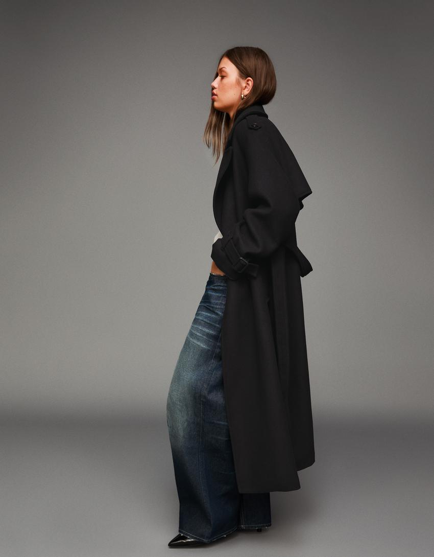 Sobretudo trench com lã oversize-Preto