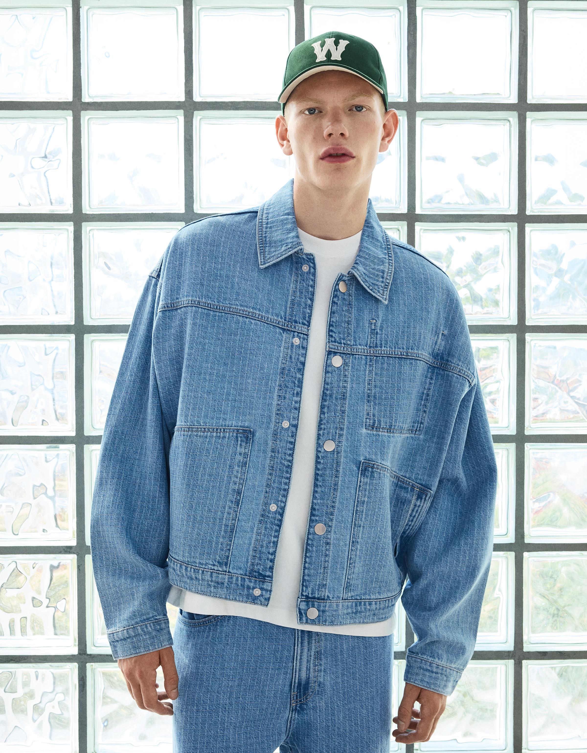 Bershka Camisa Denim Textura Cuadros Hombre Azul Claro